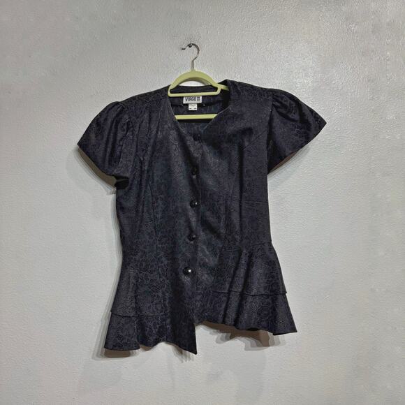 Virgo II Black Embroidered Floral Vintage Blouse Sz 16 - Picture 2 of 13